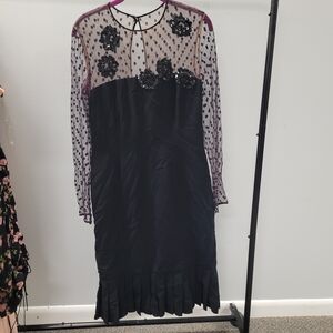 bill blass Black Dress with Sheer Polka-Dot Yoke and Purple Accents